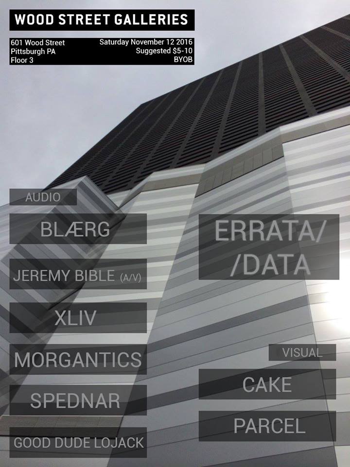 Sat Nov 12th Errata//Data featuring BLÆRG, Jeremy Bible, xliv, Morgantics, Spednar, Lojack @ Wood St Gallery